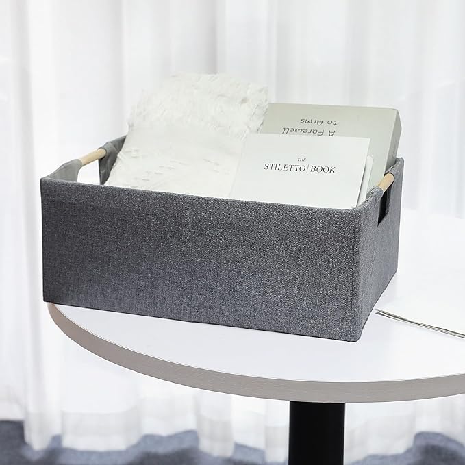 Fabric Storage Bin Box Foldable Cotton Linen Storage Basket with Wooden Handles Rectangular Cube Decorative Home Laundry Organizer Clothes Blanket Container – Gray, Large