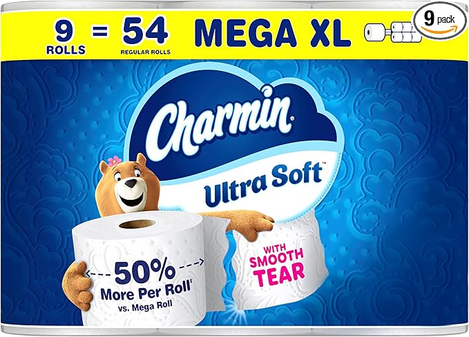 Charmin Ultra Soft Toilet Paper, 9 Mega XL Rolls = 54 Regular Rolls, 2-ply Bath Tissue