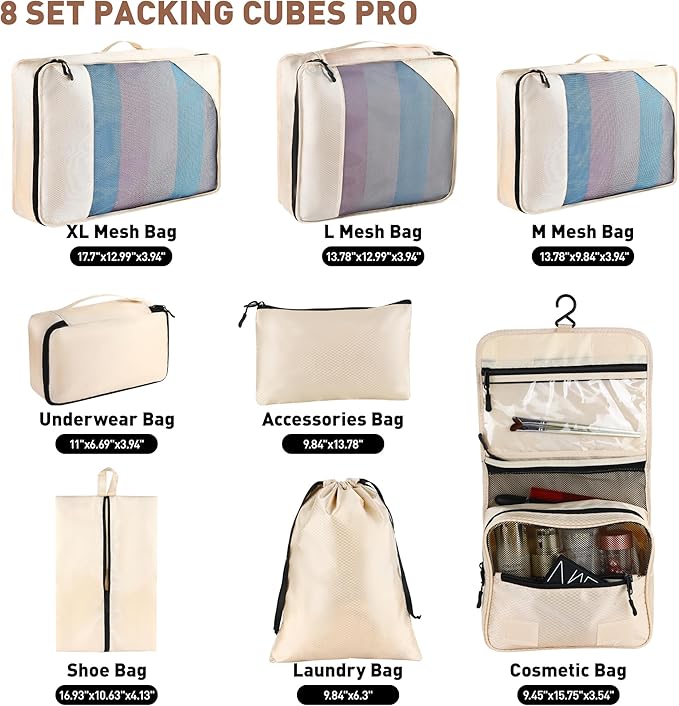 8-Piece Packing Cubes for Travel, Mesh Luggage Organizers with Shoe Bag, Toiletry Bag, Laundry Pouches, 4 Sizes (XL/L/M/S) for Suitcase Organization, Men Women Kids, Beige