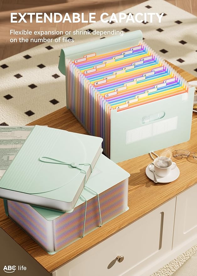 ABC life 26-Pocket Accordion File Organizer, Expanding File Folder, Letter/A4 Size Plastic Monthly Bill & Tax Receipt Holder with A-Z Tabs for Home, Office, Classroom - Sage Green