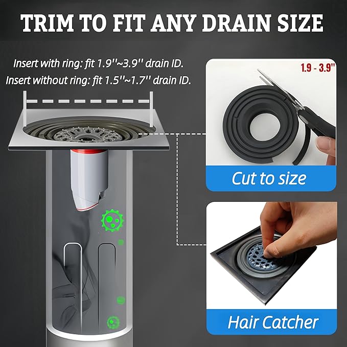 Odor-Proof Shower Drain Plug - Backflow Preventer with Magnetic Closure Valve, Hair Catcher, and Silicone Reducer Ring, Fits 1.9''-3.9'' ID Drains, Sewers, and Pipes (2)