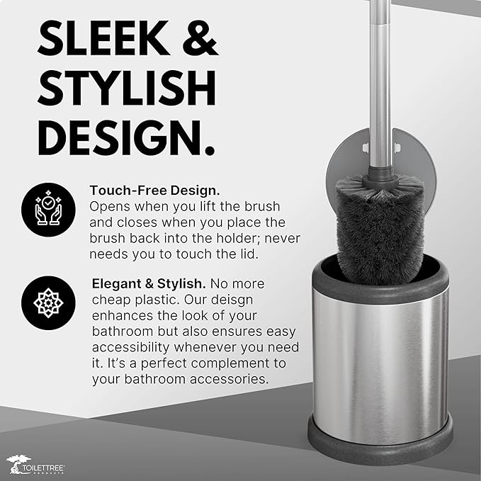 ToiletTree Products Toilet Brush with Lid - Sleek Toilet Bowl Brush and Holder - Toilet Scrubber Brush Set with Heavy-Weight Base - Lidded Toilet Bowl Cleaner Brush and Holder - Chrome