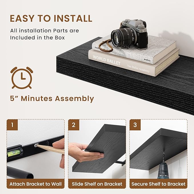 fuqing Floating Shelves for Wall, Wall Mounted Wood Floating Shelf with Invisible Brackets for Living Room, Bathroom, Bedroom, Kitchen Storage and Decor, 6.5 Inch Set of 3, Black