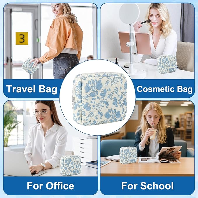 Small Quilted Cotton Makeup Bag for Purse Mini Cosmetic Period Bag for Women Cute Blue Flower Makeup Sanitary Pouch Portable Travel Toiletry Bags with Zipper Christmas Birthday Gifts
