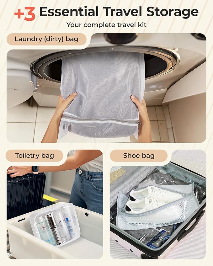 BAGSMART Vacuum Seal Storage Bags for Clothing Travel, 15 Pack Travel Essentials Bundle includes Laundry Bag & Waterproof Shoe Bag & TSA Approved Toiletry Bag, Hand Pump Included