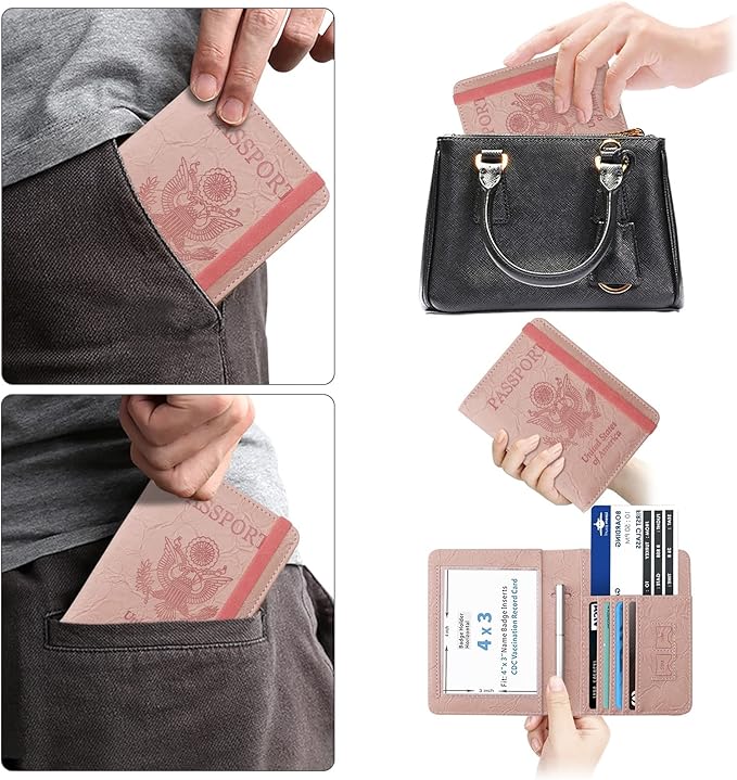 WALNEW Passport Holder for Travel, RFID Passport Cover Wallet for Women Men, PU Leather Passport Book Card Holder Case with Pen (Upgraded, Upgraded-B-Pink)
