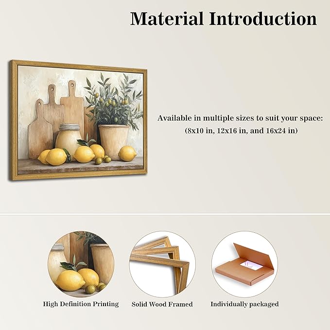 Wood Framed Vintage Kitchen Wall Art, Yellow Lemon Still Life Wall Decor Oil Paintings, Rustic Farmhouse Artwork Canvas Posters Prints Pictures for Living Room Bedroom Home Decor 16x24 Inch