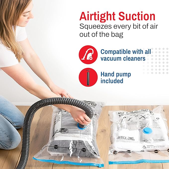 5 Pack Large Vacuum Storage Bags for Comforters, Blankets & Clothes – Vacuum Sealed Compression Bags with Hand Pump – Space Saver Storage Bags for Bedding, Moving, Travel & Organization