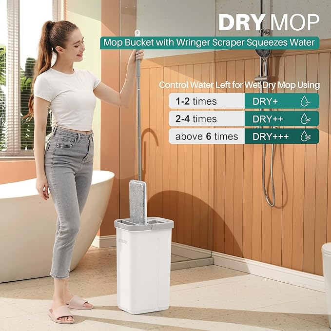 JOYMOOP Flat Mop and Bucket Set with Microfiber Pad, 12 Disposable Toilet Brushes with Stainless Steel Holder, Multi-Functional Cleaner for Household & Commercial Use, Floors, Windows & Toilets