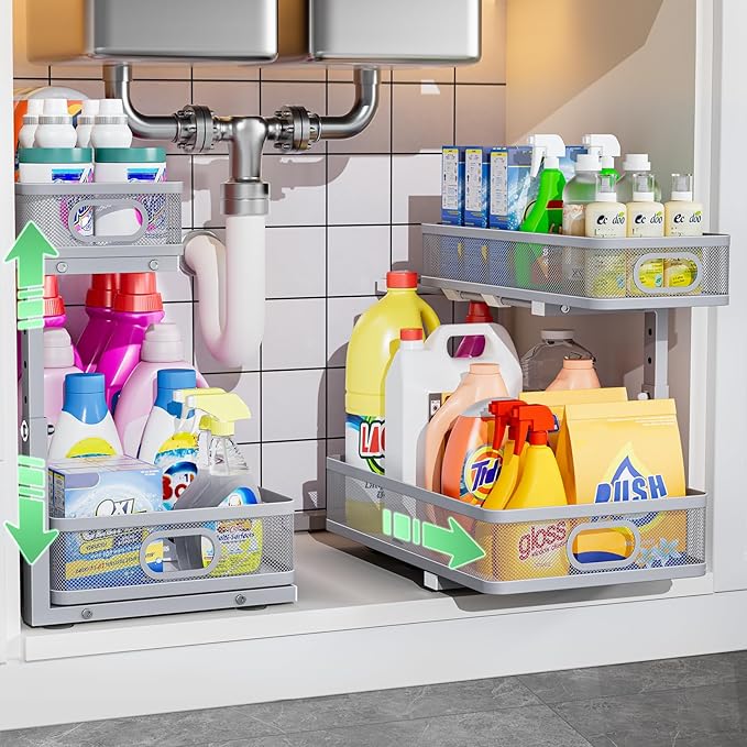 Under Sink Organizer, Highly Adjustable 2-Tier Under Sink Organizers and Storage, Slide-Out Metal Cabinet Organizers, Pull-Out Sink Storage Drawer Shelf for Kitchen Bathroom Cabinet, Grey, 2 Pack