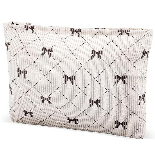 ZLFSRQ Corduroy Makeup Bag for Women Preppy Large Capacity Cosmetic Bags Travel Toiletry Organizer Pouch for Purse Zipper Makeup Brushes Storage Tote Bag Cute Y2K Aesthetic Essential Bags（Khaki Bow）