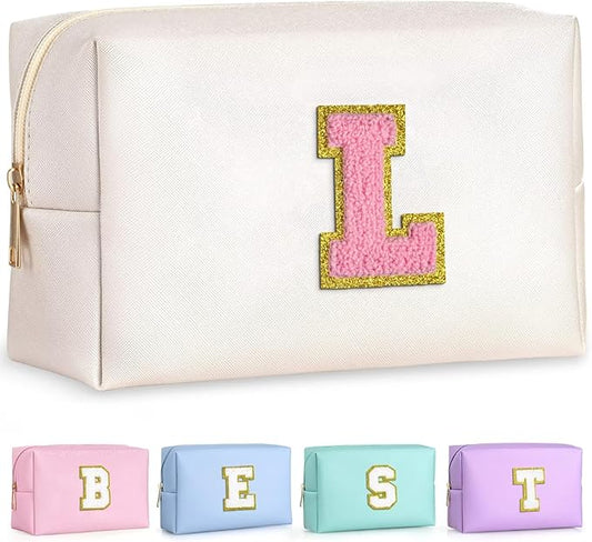TOPEAST Personalized Birthday Gifts for Women, Preppy Patch Makeup Bag, Chenille Letter Pouch Cosmetic Bag, Travel Organizer, Gifts for Friends Cute Stuff for Women (Pearly White L)