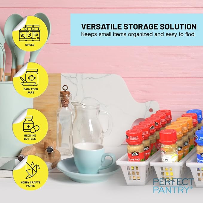 Narrow Storage Bins - Set of 3 Spice Baskets - Plastic Trays for Organizing Kitchen Cabinets, Pantries, Shelves, Fridge, and Countertops - Spice Holder for Inside Cabinets, Small Fridge Organizer