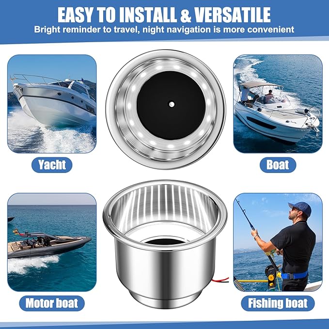 Yexiya 6 Pcs LED Cup Holder Marine Drink Holder Stainless Steel Cup Holders Insert with Drain for Boat Yacht Car Camper Truck RV(White)