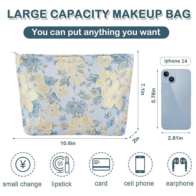 ZLFSRQ Flower Makeup Bag for Women Girls Travel Cute Floral Cosmetic Bags Large Cosmetic Pouch Purse with Zipper Portable Toiletry Bag Aesthetic Embossed Blue Beige Makeup Brushes Storage Organizer