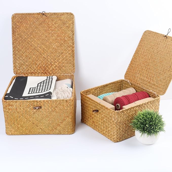 Wicker Shelf Baskets with Lid, Handwoven Seagrass Storage Basket Bins Square Gift Boxes for Shelves Home Decor Organizer (Natural, Large)