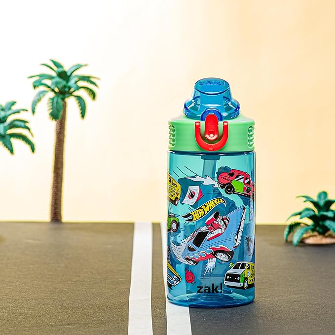 Zak Designs Mattel Hot Wheels Sage Kids Water Bottle For School or Travel, 16oz Durable Plastic Water Bottle With Straw, Handle, and Leak-Proof, Pop-Up Spout Cover (Hot Wheels)
