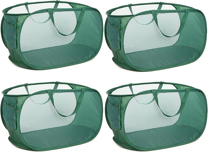 4 Pack Collapsible Laundry Baskets, Foldable Laundry Basket with Pocket, Durable Pop Up Hampers, Reinforced Handles Dirty Clothes Hamper for Laundry, Bedroom, Bathroom, Dorm, Travel or Camping Green