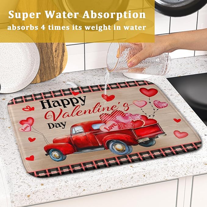 Valentine's Day Truck Dish Drying Mat 16x18 inch Love Heart Washable Absorbent Dishes Pad Dish Drainer Mat for Kitchen Counter Sink Coffee