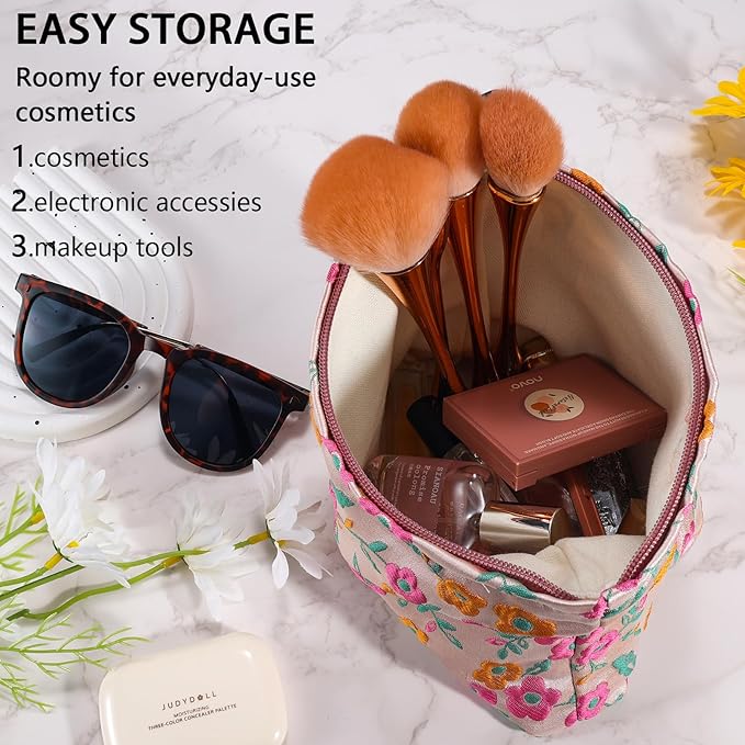 ZLFSRQ Daisy Flower Makeup Bag Travel Cute Floral Cosmetic Bags for Women Large Toiletry Pouch Zipper Cosmetic Pouch for Purse Aesthetic Makeup Organizer Bag Portable Toiletry Bags (Orange and Pink)