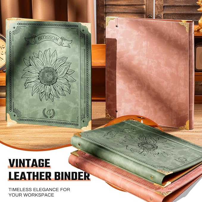 Ovesmusl Sunflower PU Leather 3 Ring Binder 1 Inch Round Ring Binder Holds 200 Sheets 8.5"x11" Letter Size Paper, Wedding Family History Notebook Cover Loose Leaf Organizer, Green