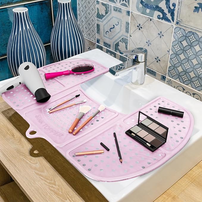 Sink Topper Bathroom Sink Cover for Counter Space & Storage Saver | RV Must Haves | Silicone Foldable Beauty Makeup Brush Cleaning Mat | Hot Tools Organizer | RV Sink Cover | Large, Pink