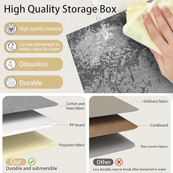 Yawinhe Storage Boxes with Lids, Linen Fabric Bin, Cube Organizer Basket, Washable and Leather Handle, for Home, Closet, White/Grey, 15.0''Lx9.8''Wx9.8''H, 7-Pack, USNK024WGL-7