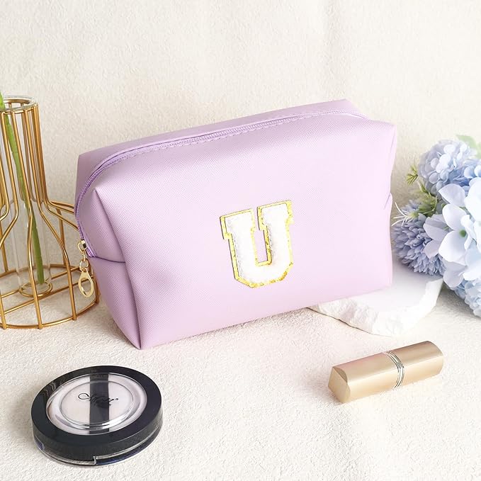 Gifts for Girls Initial Makeup Bag Personalized Cosmetic Bag with Zipper Cute Travel Toiletry Bag Waterproof PU Preppy Makeup Pouch Birthday Gift for Teen Girls Women(Purple U)