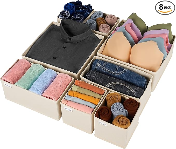 Criusia Drawer Organizer Clothes, 8 Pack Underwear Drawer Organizer, Foldable Cloth Storage Box Closet Organizers and Storage for Clothes, Socks, Scarves, Ties (Beige)