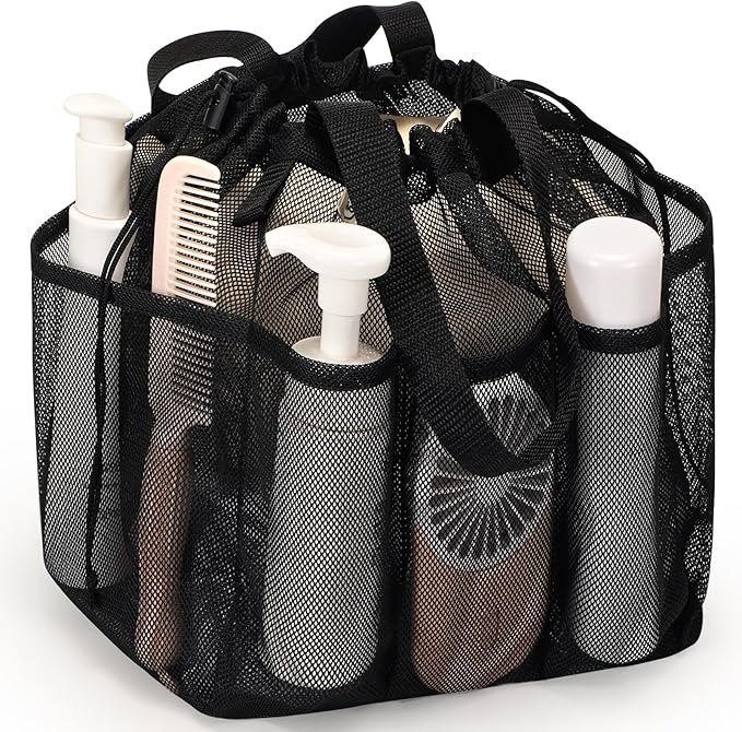 Mesh Shower Caddy Portable with Drawstring, Dorm Room Essentials for College Students Boys & Girls, Larger Shower Bag for Camping, Swimming, Gym, Travel, Bathroom - Black