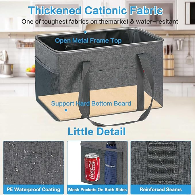 LHZK 2 Pack Utility Tote Bag with Metal Wire Frame and the Sides Rinforced, Large Tote Bag with Handle, Reusable Grocery Bags Foldable, Beach Bag, Car Tote (Grey, 18.5''x11.8''x11.5'')