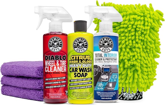 Chemical Guys Car Cleaning Kit - with Car Wash Soap, Wheel Cleaner, Total Interior, Car Wash Mitt - Interior and Exterior Wash Kit with Vehicle Cleaning and Detailing Accessories - 7 Item Kit