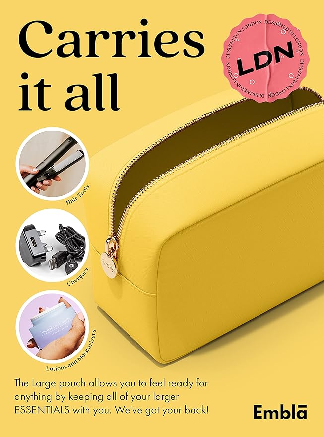 Embla Makeup Bag Travel Cosmetics Pouch and Toiletry Bag, Nylon Zipper Pouch Purse, Cute Make Up Organizer Storage Tote for Women Girls, Waterproof Travel Skincare Case, Large Makeup Bags, Lemon