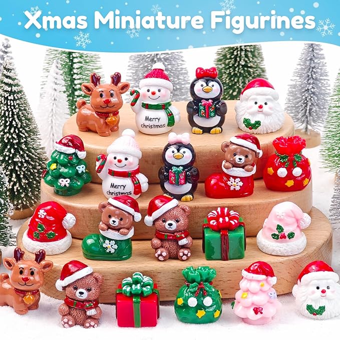20 Pcs Mini Christmas Figurines Decoration Tiny Resin Snowman Santa Claus Animals Xmas Miniature Figures for Holiday DIY Crafts Garden Micro Landscape Party Home Table Decor
