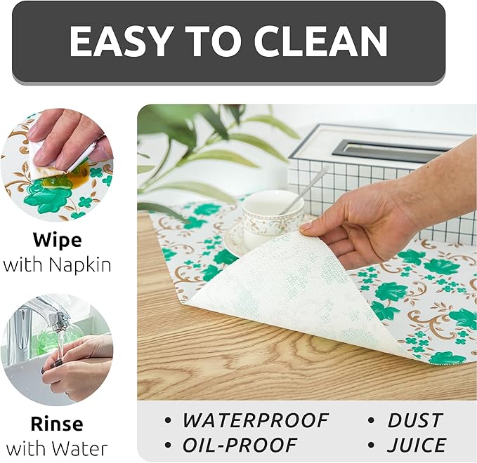 18X96 Inch Shelf Liner for Kitchen Cabinets, PVC Drawer Liner for Dresser Non-Slip Bathroom, Non-Adhesive Cabinet Liner Washable (Green Floral)(1 Roll)