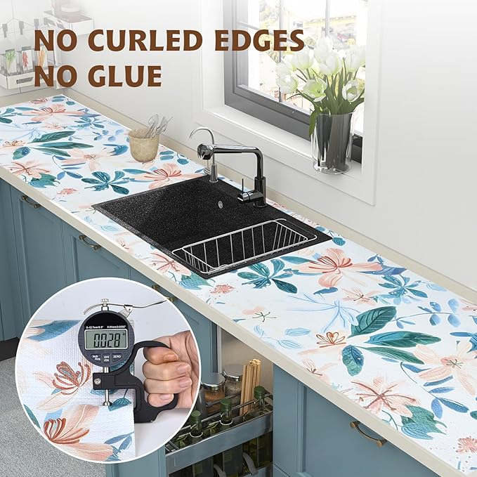 Drawer and Shelf Liner for Kitchen Cabinet,Non Adhesive Anti-Slip Double Layer PVC Waterproof Easy Clean for Dresser Bathroom Refrigerator with Knife Tape Measure(12 in X 20 Ft Colored Flowers)
