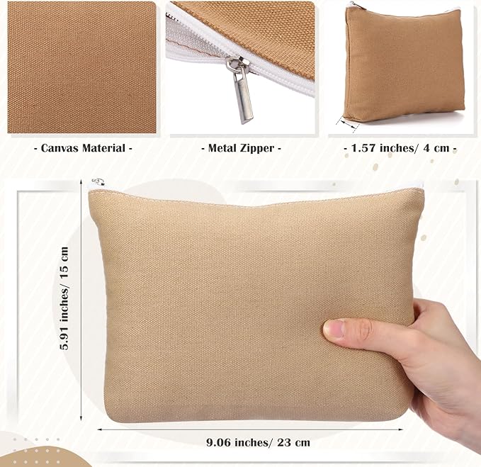 Reginary 10 Pcs Valentines Canvas Makeup Bags Bulk for Women Travel Toiletry Cosmetics Bags Blank DIY Pencil Pouch, Gift for Valentines Patrick's Day Wedding Bridal Shower Coworker(Brown)