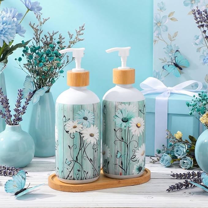 Potchen 2 Pack Glass Soap Dispenser Set Bathroom Decor Housewarming Gift Glass Soap Dispenser with Pump Wood Tray Home Decoration for Kitchen Bathroom (Teal Daisy)