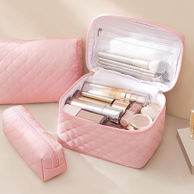 HBselect Quilted Makeup Bag, 3PCS Cotton Large Travel Makeup Bag, Cute Floral Coquette Make up Bag Cosmetic Bag Toiletry Bag for Women Girls