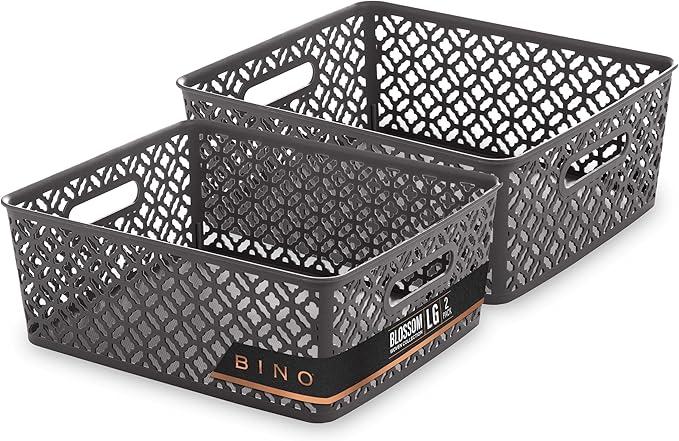 BINO l Plastic Storage Baskets, Large - Grey l THE BLOSSOM COLLECTION l Multi-Use Organizer Bin l Built-in Handles l Plastic Woven Basket for Organizing l Pantry & Home Organizing Basket