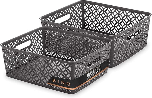 BINO l Plastic Storage Baskets, Large - Grey l THE BLOSSOM COLLECTION l Multi-Use Organizer Bin l Built-in Handles l Plastic Woven Basket for Organizing l Pantry & Home Organizing Basket