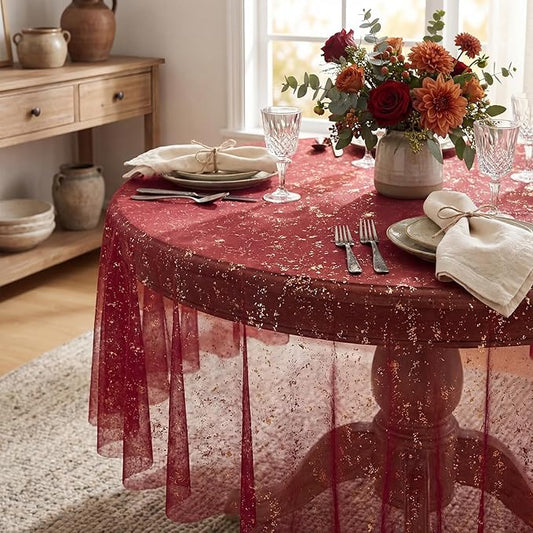 Horaldaily Burgundy Gold Gauze Tablecloth 60x60 Inch Round, Golden Sequin Glitter Metallic Foil, Sheer Tulle Cheesecloth for Wedding Baby Shower Ceremony Birthday