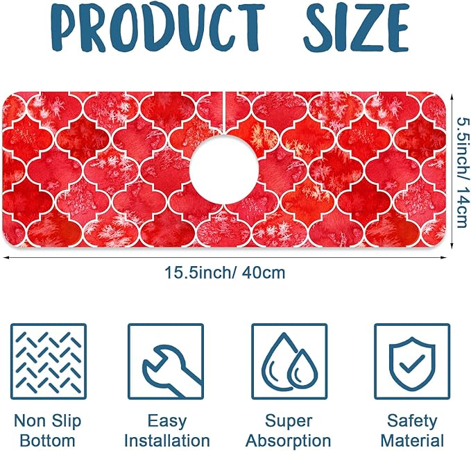 Watercolor Moroccan Marbled Kitchen Sink Splash Guard Faucet Mat Red Tiles Super Absorbent Fast Drying Mat Sink Splash Guard Behind Faucet for Kitchen Bathroom, 15.5"x5.5"