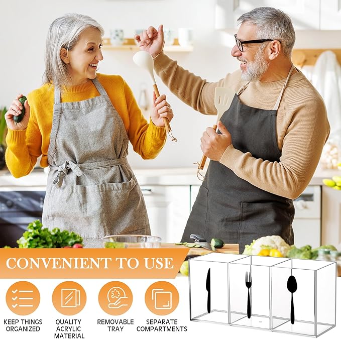 Suzile Acrylic Cutlery Storage Organizer Bin Silverware Caddy Countertop Knife Spoon and Fork Holder Kitchen 3 Section Tableware Storage Box for Cabinet Indoor Home Flatware Dining Room (Clear,M)