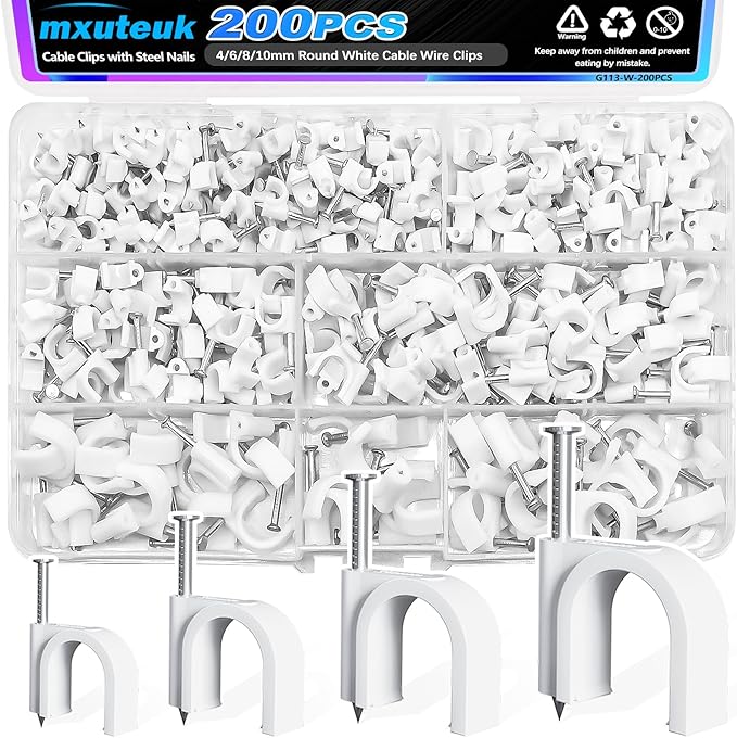 mxuteuk 200PCS Cable Clips with Steel Nails, 4/6/8/10mm Round White Cable Wire Clips, Wall Clips for Cords, Cable Cord Clips for RG6 RG59 CAT6 RJ45