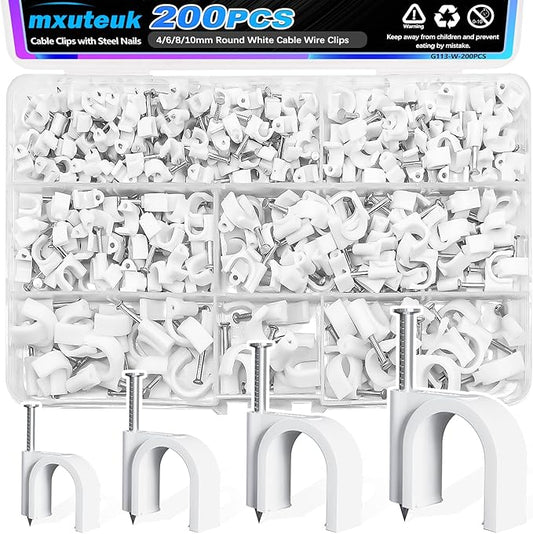 mxuteuk 200PCS Cable Clips with Steel Nails,4/6/8/10mm Round White Cable Wire Clips,Wall Clips for Cords,Cable Cord Clips for RG6 RG59 CAT6 RJ45