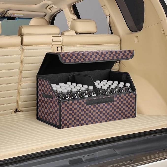 kingmise car organizers and storage for SUV,trunk organizer for sedan, leather foldable sleek box with lid,collapsible cargo bins, tool accessories containers,Chessboard pattern (Coffee grid, Small)