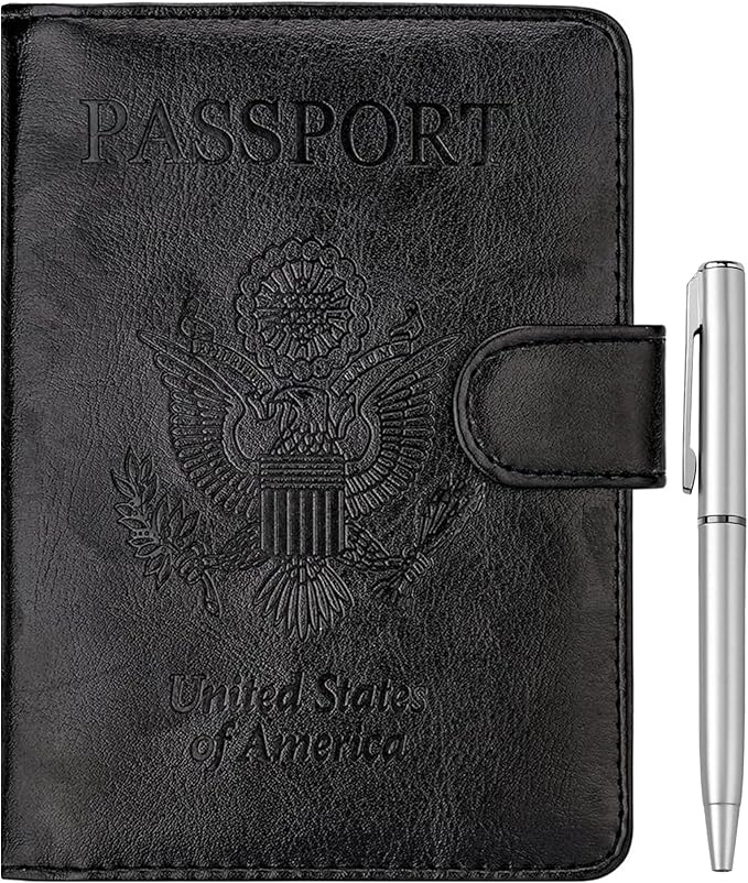 WALNEW Passport Holder for Travel, RFID Passport Cover Wallet for Women Men, PU Leather Passport Book Card Holder Case with Pen (Buckle Closure, Buckle-Black)