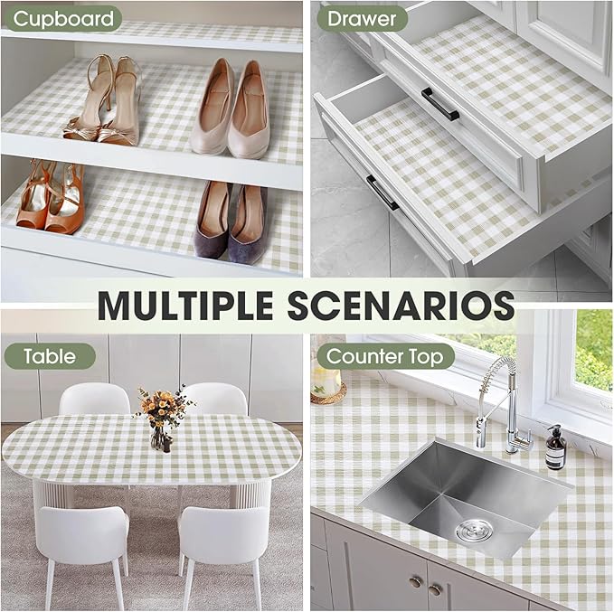 Drawer and Shelf Liner, Non-Slip Kitchen Cabinet Liners Non-Adhesive Thick Strong Grip Waterproof Washable Mats Protect Dresser Shelves Cupboard Bathroom Cabinets, Yellow Plaid, 18 in X 30 FT