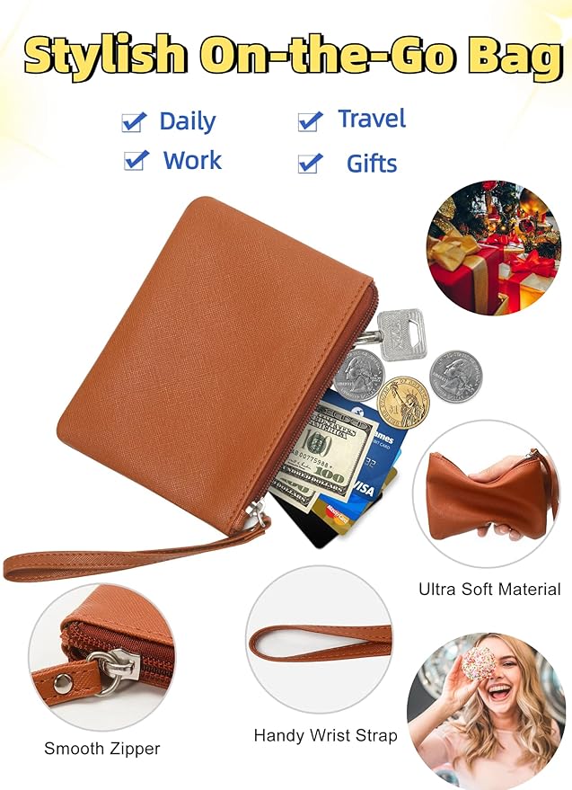 2 Pack Small Zipper Pouch Mini Makeup Bag for Purse Lipstick Cosmetic Travel Make Up Organizer for Women Essentials, Car Change Coin Holder 4.5 x 6.5 Clutch Stadium Approved Wristlet, Brown